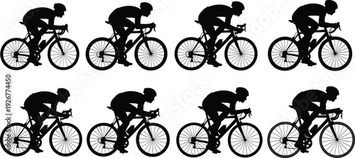 Silhouette cyclists racing on road bicycles in repetition pattern design sports fitness concept motion study vector illustration black and white artwork