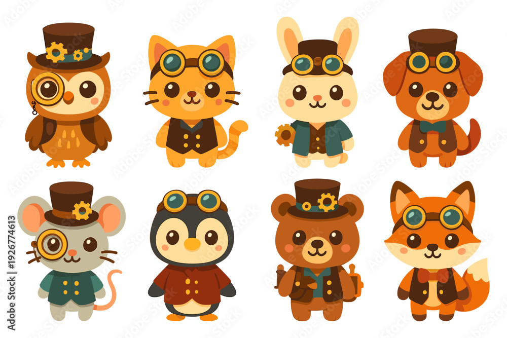 Fototapeta premium Steampunk animals vector illustration for kids’ room decor in cute cartoon style