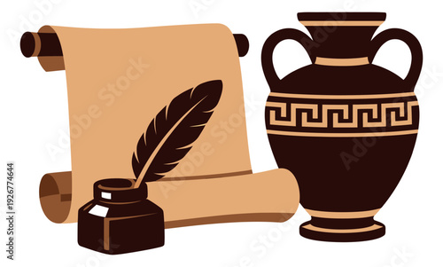 Modern flat illustration ancient artifacts set featuring an ancient scroll, a quill pen, an inkwell, and a Greek amphora for historical studies