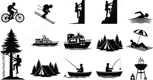 Silhouette vector illustration collection of outdoor recreational activities including camping cycling swimming fishing skiing climbing boating barbecue showing adventure leisure concept artwork