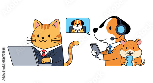 Animals in a workplace setting, working together on technology, cheerful atmosphere