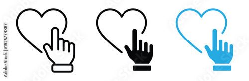 Heart icon set with hand cursor clicking symbol in line and solid style for social media like and romantic love concept