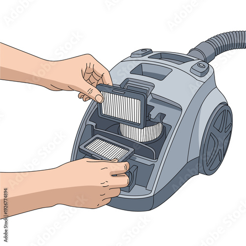 Hand changing vacuum cleaner filter at home in a modern setting