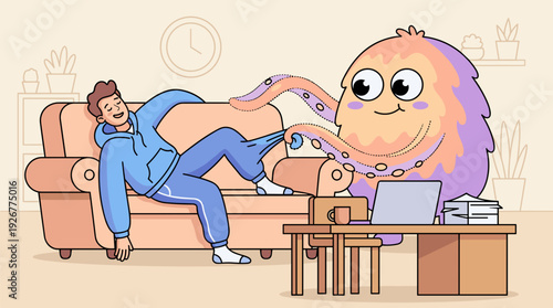 Procrastination monster, playful mood, relaxing on couch, minimalistic background
