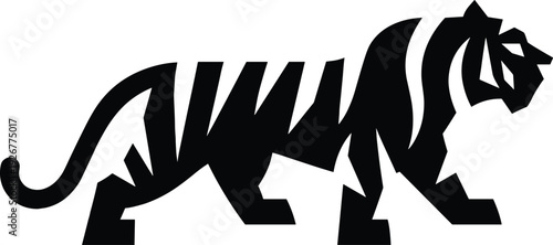 Tiger silhouette walking in side view isolated on white background, bold black wild animal graphic, powerful predator symbol, minimalist vector style illustration