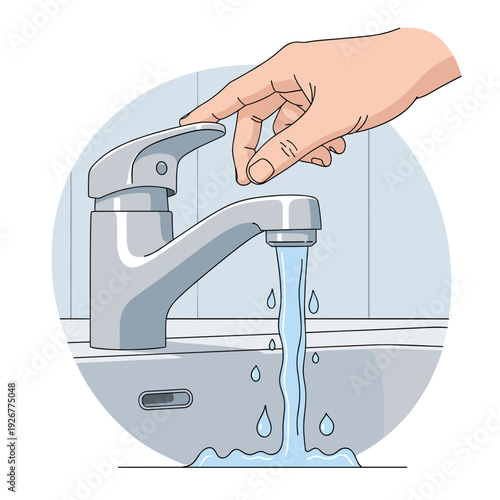 Close-up hand adjusting water flow from faucet, water stream and droplets visible, copy space