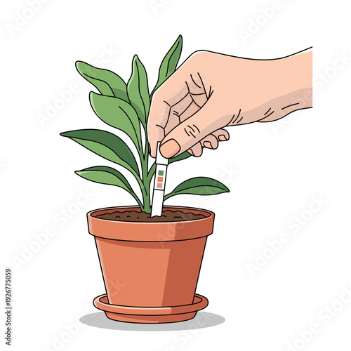 Testing soil pH using a strip in a flower pot with a hand