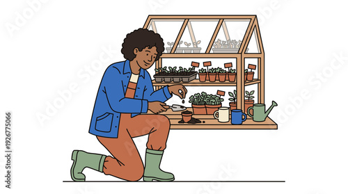 Person planting seeds in a compact greenhouse on a windowsill
