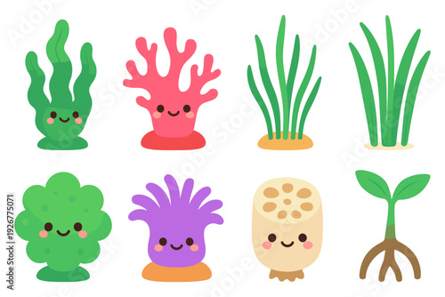 Cute sea and plant life vector illustration for kids' educational materials in flat cartoon style