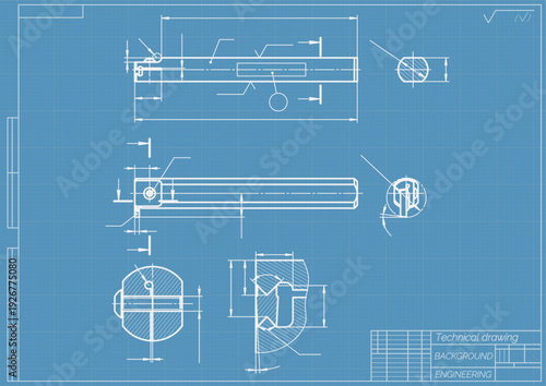 Mechanical engineering drawings on blue background. Cutting tools, milling cutter. Technical Design. Cover. Blueprint. Horizontal seamless pattern. Vector illustration.