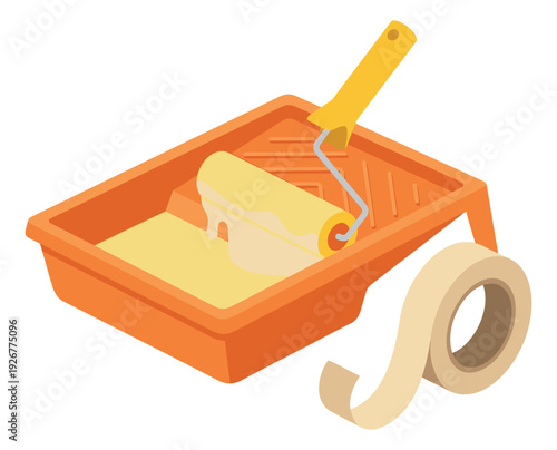 Isometric painting tools set featuring a paint roller, tray, and masking tape for home renovation projects