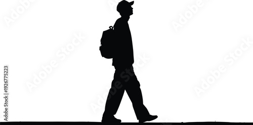 Silhouette of walking man with backpack and cap in side view, isolated on white background, urban lifestyle, travel, commuting concept, minimal black profile figure