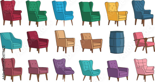 Modern Armchair and Accent Chair Icon Set with Colorful Upholstered Living Room Furniture Vector Illustration Collection