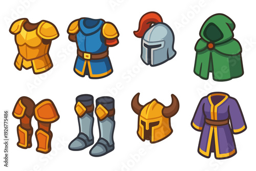 Medieval fantasy armor and clothing collection in cartoon style