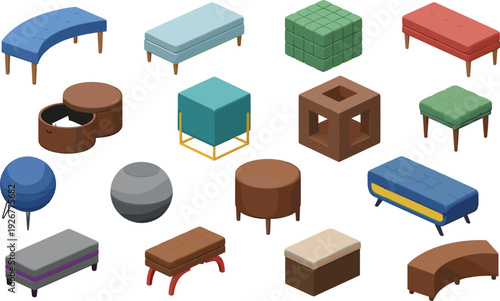Modern Ottoman and Bench Furniture Icon Set with Pouf, Stool, Storage Box and Upholstered Seating Vector Illustration