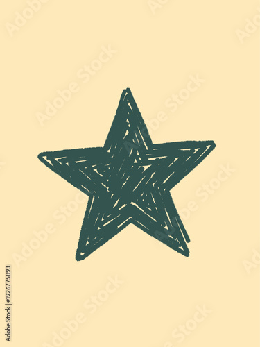 A cute hand-drawn vector illustration of a dark green five-pointed star with a scribble texture, on a soft yellow background