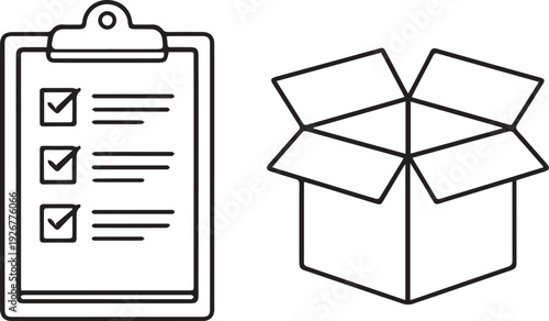 A visual representation of tasks complete in a checklist on a clipboard next to an open cardboard box. Symbolizing the completion of project delivery.