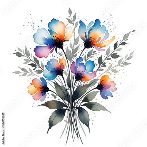 Vibrant watercolor bouquet of colorful flowers with leaves isolated on transparent background
