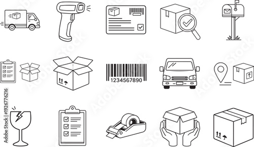 An array of Delivery Icons showcasing essential elements for transport and logistics.