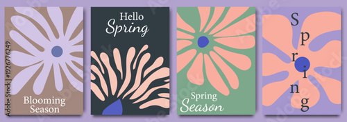 Spring greeting card set with floral abstract design and pastel seasonal templates