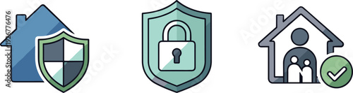 Home security and safety shield icons set showing protected house, padlock badge, and family check