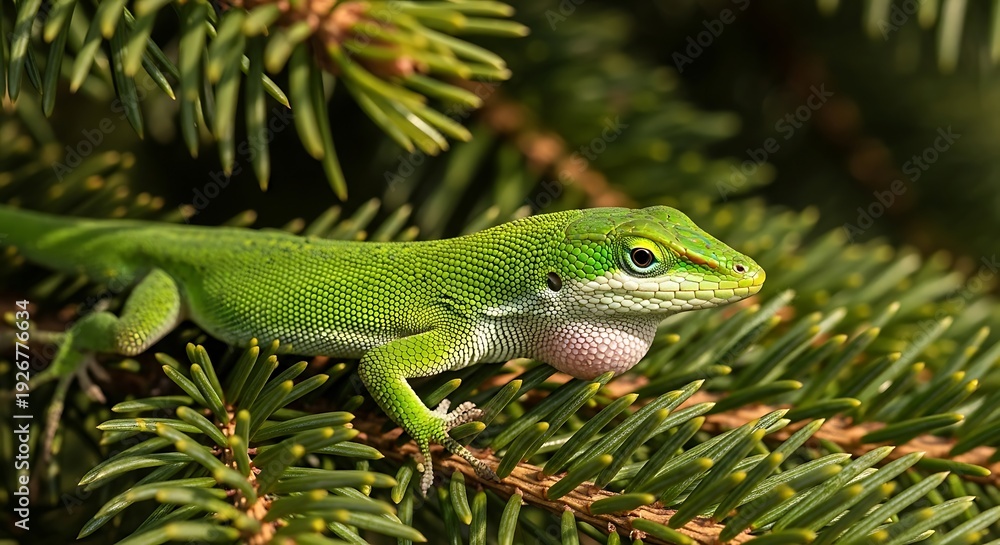 Fototapeta premium Green lizard rests on a pine branch in natural sunlight.