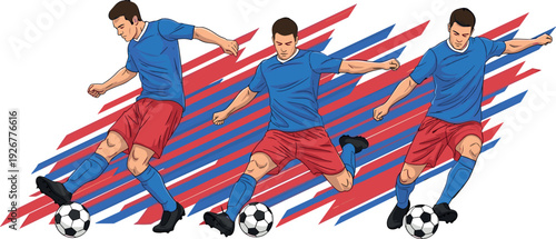 Soccer player action illustration set showing dynamic football dribbling and kicking poses, athletic male sports figures, motion stripes, isolated on white background