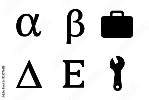 Greek letters and tool icons: business and engineering symbols