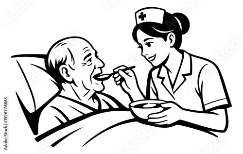Retro style line art illustration of a nurse feeding an elderly patient depicting care for healthcare services