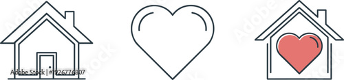 Simple line art icons of houses and a heart symbolizing home and love
