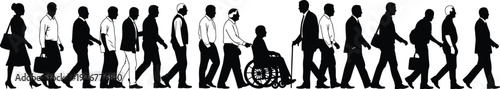 Business people walking in line, diverse professional silhouettes including wheelchair user isolated on white background concept illustration