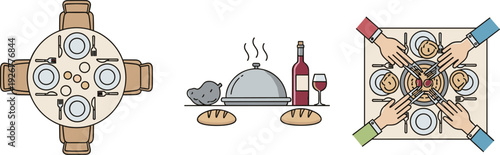 Top view of dining table settings and a shared meal with friends