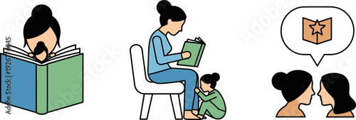 Illustrations depicting reading, storytelling, and shared learning experiences between people