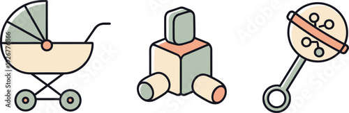 Collection of three baby icons: stroller, building blocks, and rattle, on a white background