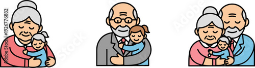 Generations of love: grandparents embracing their grandchild in heartwarming icon set