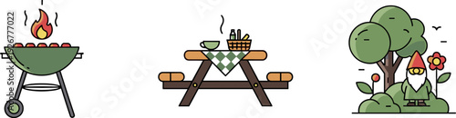Outdoor leisure activities: grilling, picnic, and garden gnome illustration