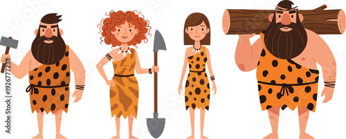 Stone Age Caveman Character Vector Set with Prehistoric Man and Woman in Animal Skin Clothing Cartoon Illustrations