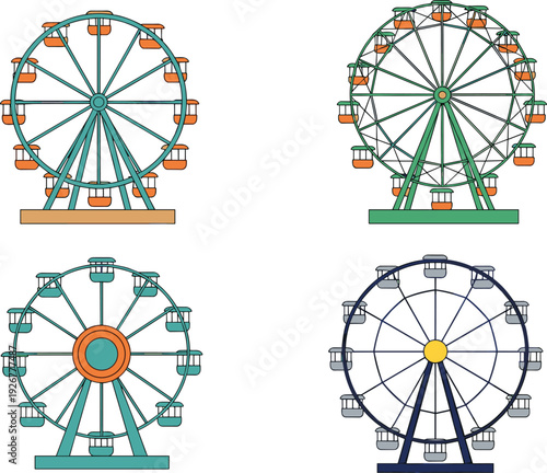 Ferris Wheel Amusement Ride Icon Set Featuring Colorful Observation Wheels for Carnival Parks, Fairgrounds, Entertainment Design, and Vector Illustration