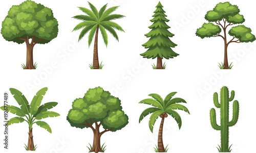 Realistic Tree Vector Collection with Palm, Pine, Oak, Tropical Plants, and Cactus Detailed Nature Illustrations