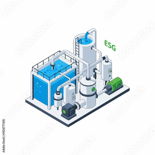 3D Illustration of Industrial Water Treatment Plant ESG.