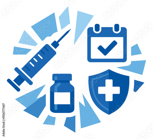 Modern flat medical icon set featuring a syringe, vial, calendar, and shield for vaccination and health protection
