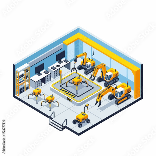 Advanced Robotics and Construction Equipment in a Modern Facility.