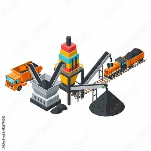 Industrial Coal Processing Plant with Truck and Train.