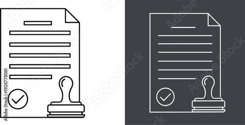 Approved document icon with stamp and check mark official paperwork vector illustration in outline style