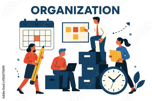 Effective teamwork and time management concept with office workers and organizational tools