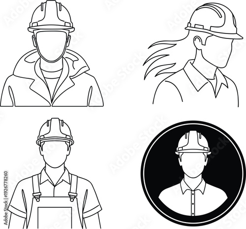 Construction worker avatars set with hard hat engineer builder portraits outline vector illustration collection