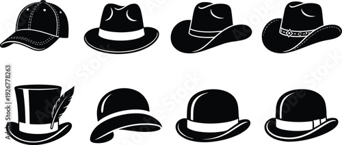 Set of Stylish Men and Women Hat Icons Including Baseball Cap Fedora Cowboy Hat Top Hat and Bowler Silhouettes Isolated on White Background for Design