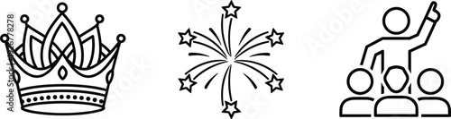 Crown fireworks and leadership icon set with celebration and success symbols outline vector illustration