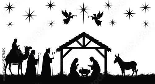 Silhouette vector illustration of Nativity scene with Mary, Joseph, baby Jesus, Three Wise Men, shepherds, angels, donkey, and Star of Bethlehem