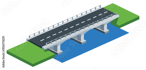 Isometric illustration of a road bridge depicting spanning a river for urban infrastructure
